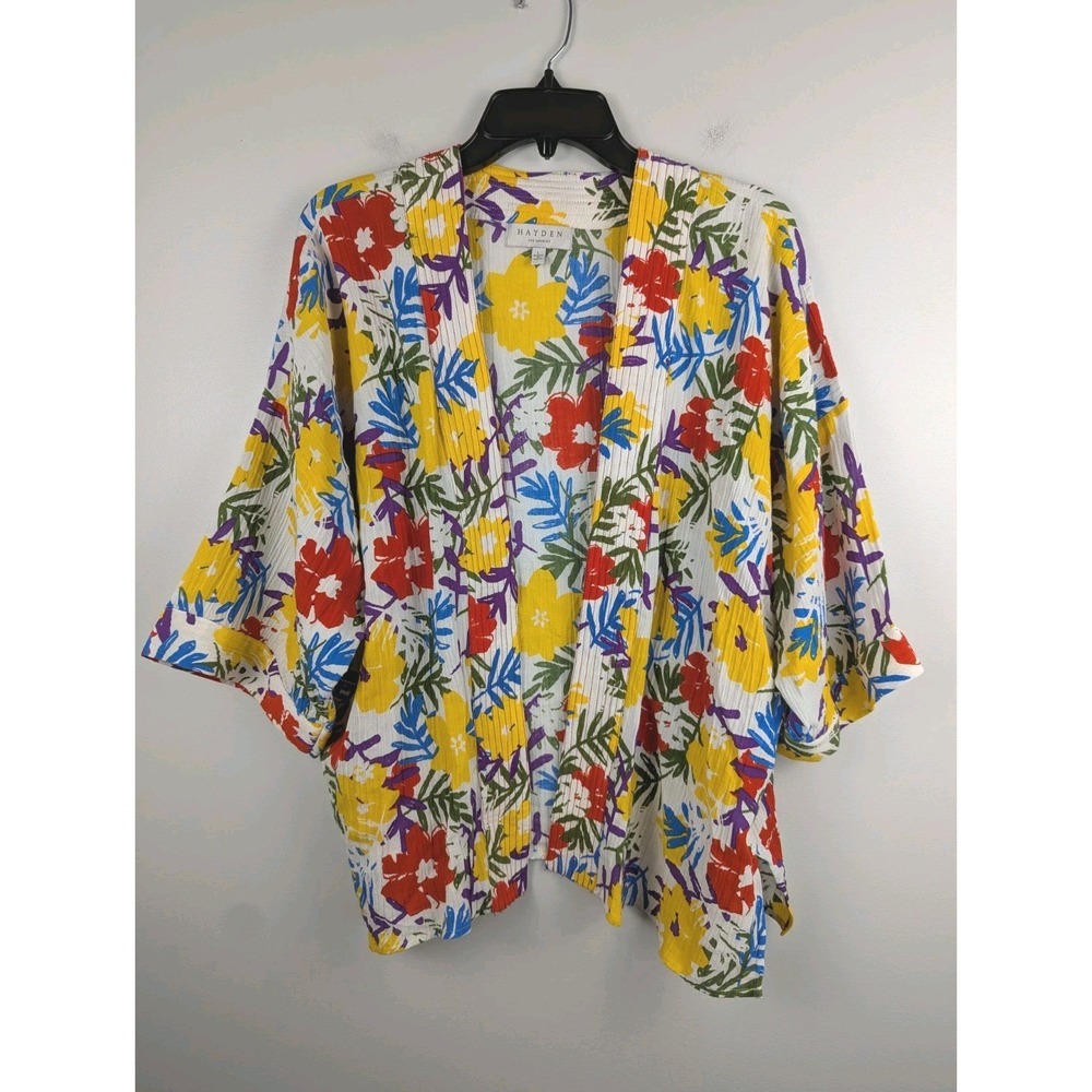 Hayden Women's Vivid Floral Contrast Stitch Linen Blend Kimono Size L Cover Up